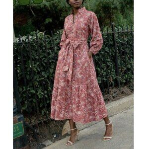 Anthropologie Sue Sartor Chai Floral Block Print Flounce Puff Sleeve Belt Dress
